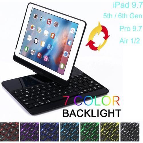 360 Rotation for iPad 2017 2018 Pro 9.7 Air 2 Case with Keyboard 7 Color Backlit Wireless Blutooth for iPad 9.7'' Keyboard Cover