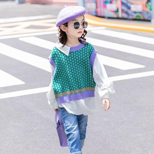 Girls Spring Autumn Sweater 10 to 12 years Fashion Tops Fake Two-Piece Pullover Sweater