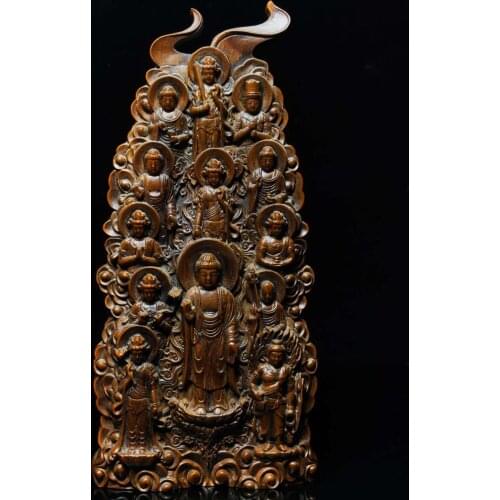 9" China Lucky Seikos Boxwood Thirteen Buddha Statue Sakyamuni Three Western Saints Guanyin Manjusri Samantabhadra