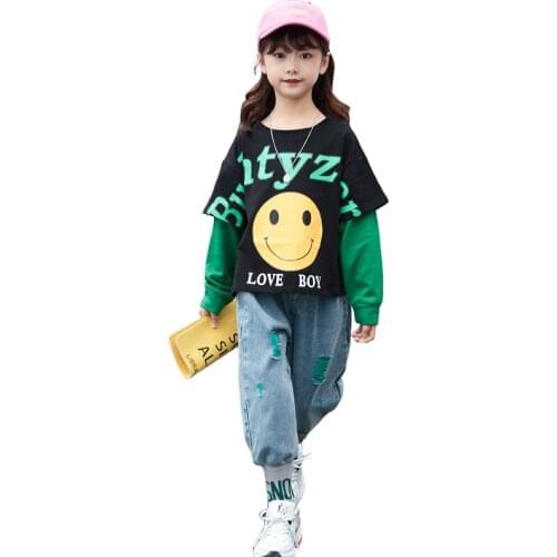 Teen Girl Clothing Set Pullover Smiley Love Letter Sweatshirt+ Fashion Jeans 2Pcs Kids Girl Clothes Suit For 6 8 10 12 14 Years