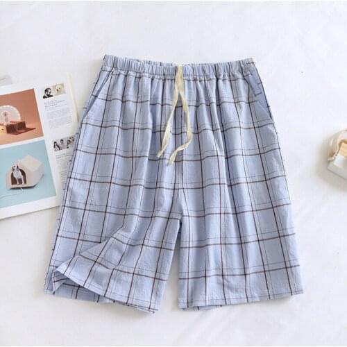 Summer Home Pajama Mens Shorts Sleepwear Pajamas Plaid Simple Cotton Gauze Shorts Comfortable Five-Point Pants Thin Sleep Wear