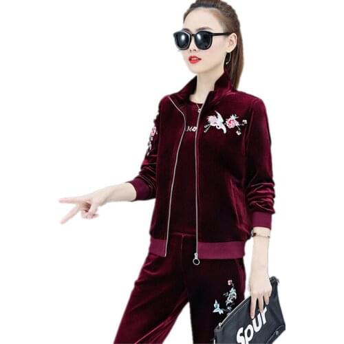 Top selling product in 2020 Sporting suit female 3 piece set elegant womens Tracksuit Gold velvet embroidery autumn clothes 1576