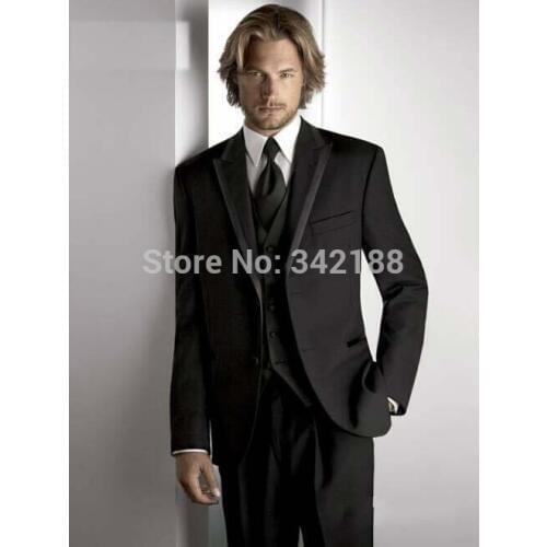 TOP SELLING!cheap groom tuxedos/ Black Two Buttons Peak Lapel Groom Tuxedos Groomsmen Best Man Suit Men Wedding Suits