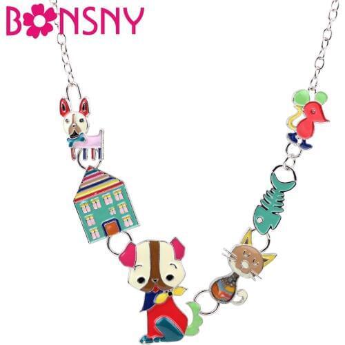 Bonsny Statement Enamel Dog Cat Fish Mouse House Choker Necklace Pendant Chain Collar New Fashion Animal Jewelry For Women