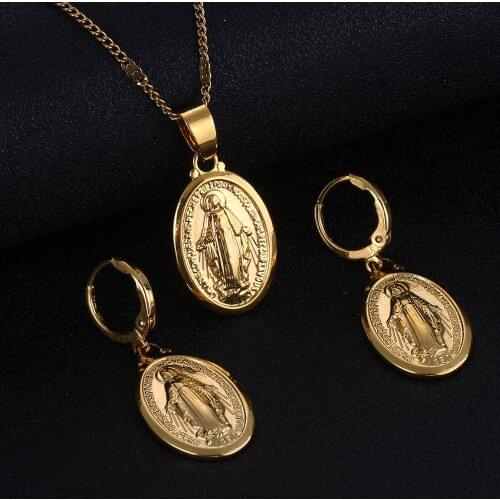 Fashion Virgin Mary Jewelry Trendy Gold Color Our Lady Women Men Charm Jewelry Sets