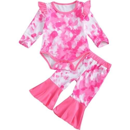 Newborn Baby Girls Fashion 2-piece Outfit Set Long Sleeve Tie-dye Print Romper and Flared Pants Set