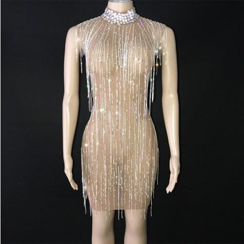 Sexy Nude Color Mesh Fringe Dress Rhinestone Stretch Spandex Nightclub Women Singer Gogog Dancer Drag Queen Dance Costume DB3659