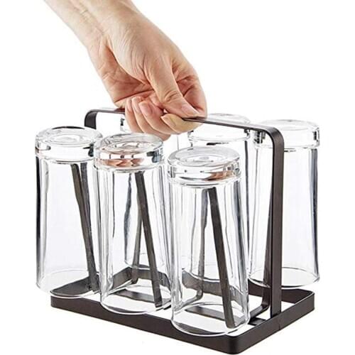 6 Cups Mug Glass Stand Holder Metal Cup Drying Rack Shelf Bottle Cup Hanging Drainer Upside-Down Cup Drain Rack