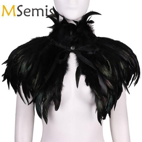 MSemis Adult Black Gothic Victorian Scarf Poncho Wrap Natural Feather Choker Collar Cape Shawl Stole Halloween Cosplay Costume