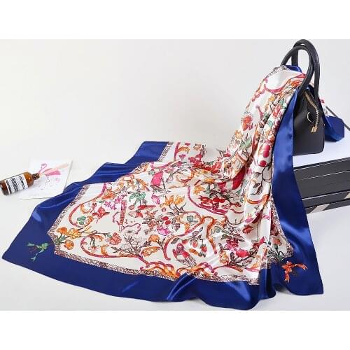 Flower and Bird Kingdom Luxury 100% Twill Silk Scarf Women Fashion Kerchief Bandana Harness & Belt Shawl Hijab Hand Rolled Stole