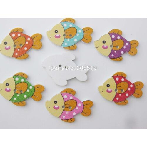 WBNWNV 100pcs 2-hole Fish shape wooden Buttons painting sewing supplies Mixed kids Shirt Decoration