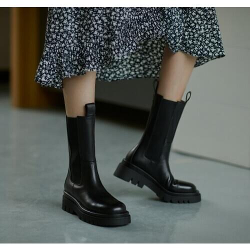 Genuine Leather Boots Women Elastic Band Round Toe Thick Heels Vintage Autumn Winter Party Working Shoes Woman