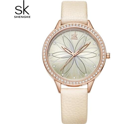 Shengke New Special Color Women Watches Leather Strap Crystal Decoration Dial Japanese Quartz Movement 6 Months Warranty Clocks