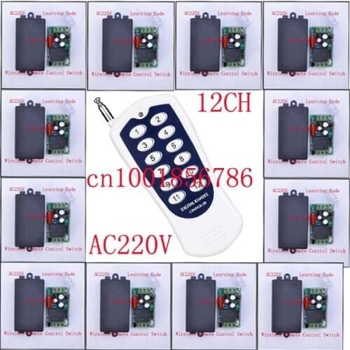 12Receiver&1Transmitter 220V 1CH Radio Remote Control Switch Light Lamp LED ON OFF Learning Code Output Adjusted Mini Size