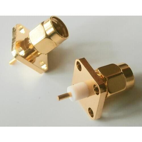 1X Pcs RF Connector Socket SMA Male Jack Center Solder 4 Hole Flange Chassis Panel Mount Brass Coaxial Golden RF Adapters