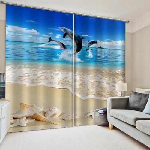 2Pcs/Set blue beach curtains window curtains for living room bedroom blackout curtains 3d stereoscopic curtains