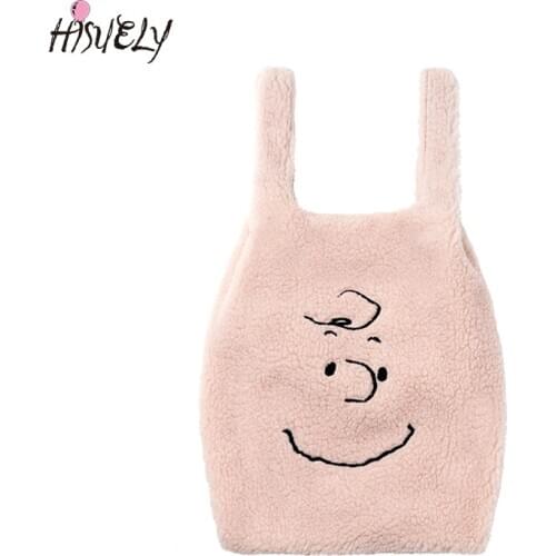 2021 Cartoon Lambswool Women Caual Tote Handbags Large Korea Fur Wool Shopping Bags Girls Cute Purse Handbags Winter Travel Bag