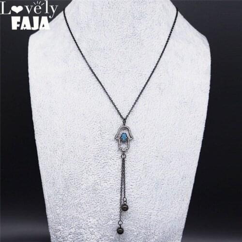 2021 Islam Hamsa Hand Zircon Copper Stainless Steel Necklace for Women Black Layered Tassel Necklaces Jewelry chaine NC48S03