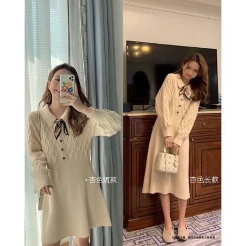 Elegant Korean Knitted Dresses Female weater Dress Women Long Sleeve Turn-down Collars Fashion Spring Office Ladies Vestidoes