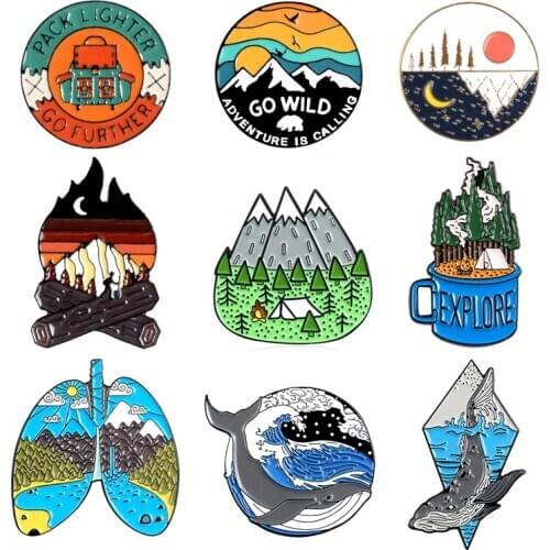 Cartoon round sun sunrise mountain peak bird fire pin nature woods sea wave whale enamel brooch badge punk jewelry gift for kid