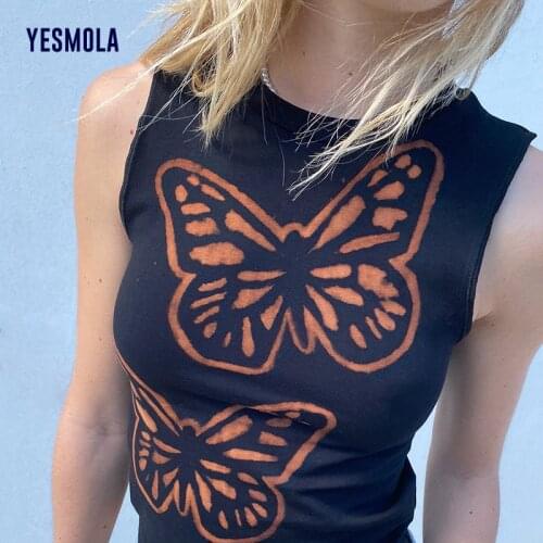 YESMOLA Butterfly Printed Harajuku Gothic Tank Top Y2k Sleeveless Tee Vintage Printed Mini Vest Women Summer Camisole