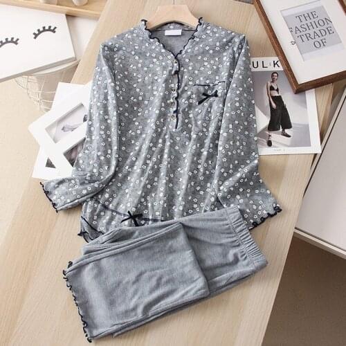 Elegant Leisure Small Curled Flower Print Straight Long Sleeve Trousers Home Suit Womens Pajamas Set Shirt Pants Outfits zh1503