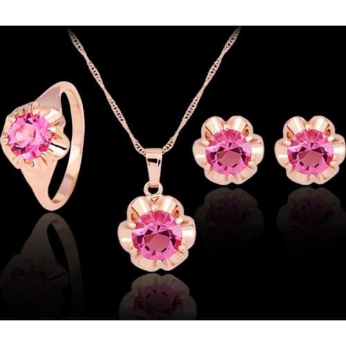 Royal Cubic Zirconia Cute Fashion Hot Pink Flower Rhombic Ring Necklace Earring Set For Women 3-Piece Jewelry Set