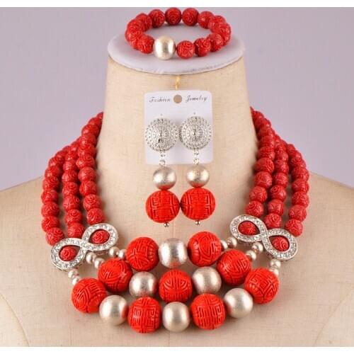 Pretty red artificial coral necklace african coral set nigerian wedding bridal jewelry sets C21-22-07