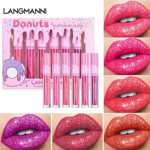 Langmanni 6pcs/Set Liquid Lipstick Matte Lip Gloss Pearlescent Diamond Long-lasting Non-stick Cup Non-fading Lip Makeup TSLM2