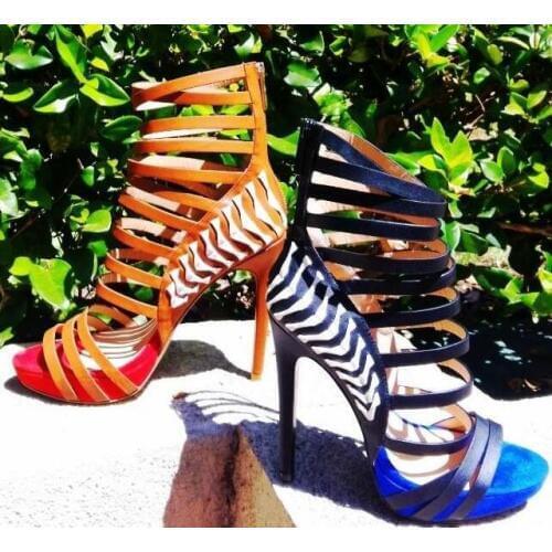 Summer Fashion Black Blue Contrast Color Sandals Elegant Narrow Band Cut-outs High Heel Gladiator Sandals Boots Size 34-41