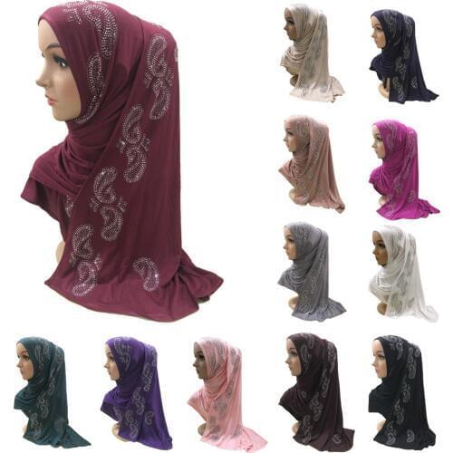 Muslim Women Rhinestone Hijab Cotton Long Scarf Headwrap Cap Shawls Arab Bandana Islamic Prayer Hat Headscarf Full Cover Fashion