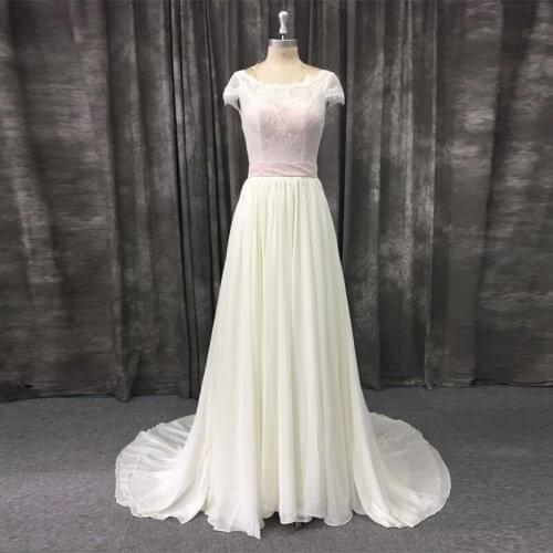 Cheap High Quality In Stock Wedding Dress Beige Blush Top Cap Sleeves Bohemian Wedding Dress Boho Bridal Gown with Sash