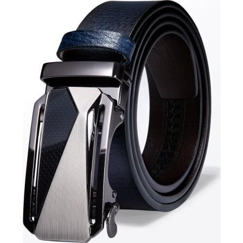 Hi-Tie Fashion Blue Mens Belt Brand Cowhide Genuine Leather Automatic Buckle Belt Casual Style for Cowboy Jeans Belt 140cm Long