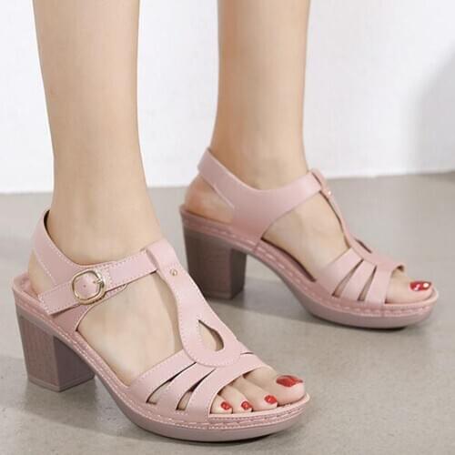 Summer New Women Shoes Fashion Metal button Platform Soft PU Sewing thread Sandals Casual Womens High-heeled Sandals q48