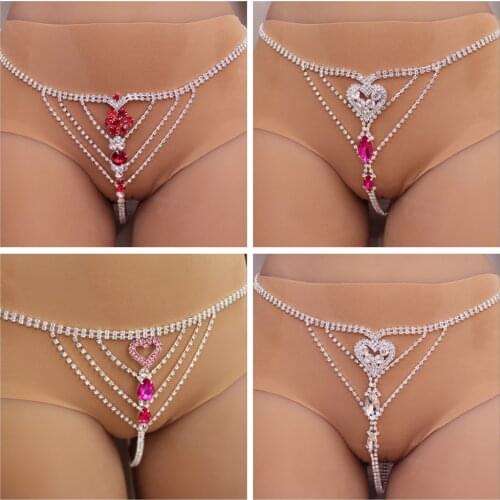 Sexy Body Chain Lingerie Red Crystal Thong Panties Jewelry for Women Silver Color Rhinestone Belly Waist Chain Body Jewelry Gift