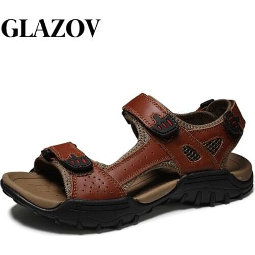 GLAZOV Fashion Mens Sandals Summer Soft Beach Flip Flop Comfortable Genuine Leather Sandals Outdoor Men Roman Sandals Size 46