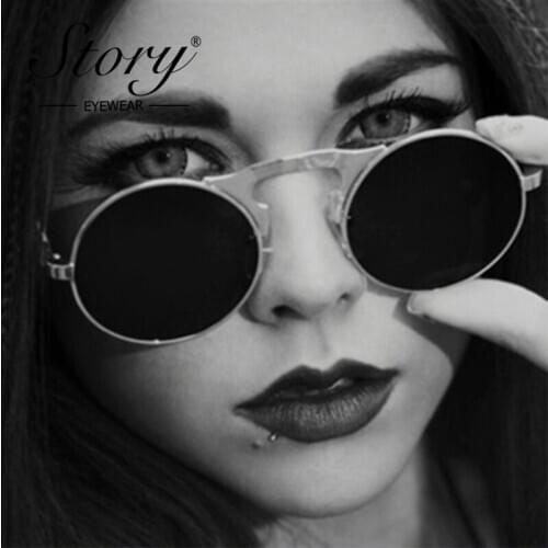 STORY fashion punk alloy sunglasses women men 2019 brand designer Vintage metal gothic steam flip sun glasses Retro Shades S3057