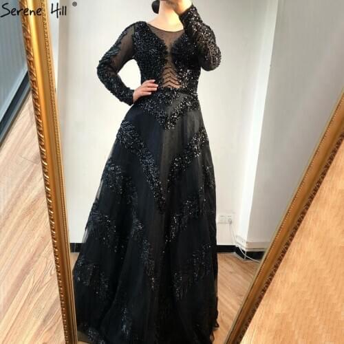 Serene Hill Dubai Black A-Line Luxury Sexy Evening Dress 2021 Long Sleeves Diamond Beading Formal Party Wear Gown CLA70618