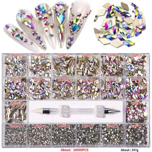 Swarovsky 10000Pcs Nail Stone and 1 Dotting Pen Glitter Irregular Beads 3D Non HotFix FlatBack Nails Art Rhinestones Decoration