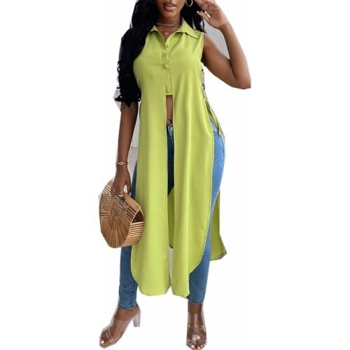 OMILKA Yellow Irregular T Shirt 2021 Summer Women Sleeveless Turn Down Collar Side Split Club Party Streetwear Tops Tees