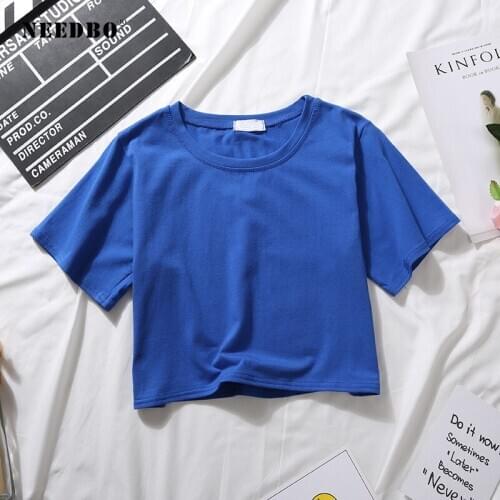 NEEDBO Sexy Crop Top t shirt Femme Short Sleeve Casual Cotton Short Tshirt for Women High Waist Slim T-shirt Sport Tops & Tees