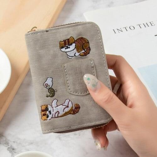 Female Small Card Holder Short Embroidery Coin Purses for Women Cute Girl Folding Mini Leather Bank Credit Card Case porte carte