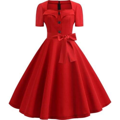 2021 Square Neck Button Front Rockabilly Sundress Vintage 50s 60s Robe Women Dresses Summer Belted Office Lady Solid Swing Dress