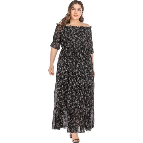 Off Shoulder Dress Plus Size 2021 Summer Women Floral Print Ruffles Chiffon Boho Dress Maxi Long Tunic Beach Dresses FT154