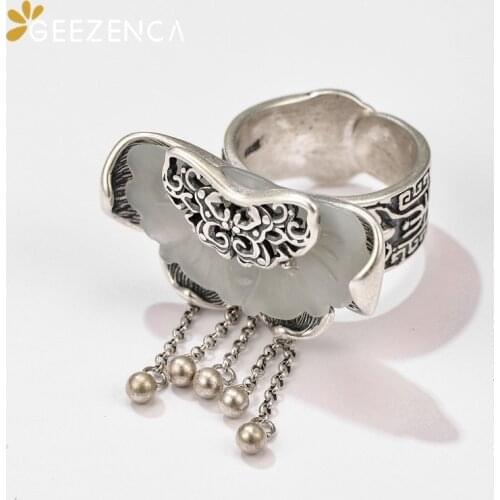 Vintage 925 Sterling Silver Thai Tassels Hetian Jade Women Ring Chinese Style Ethnic Elegant Open Rings Fine Jewelry Party Gift