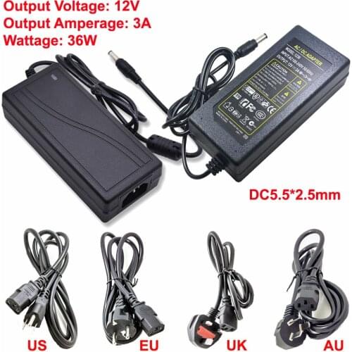12V 3A 36W Desktop Power Supply Adapter Transformer 110V-240V To DC 12V Include US/EU/UK/AU Plug Cable 5.5x2.5mm Jack Socket