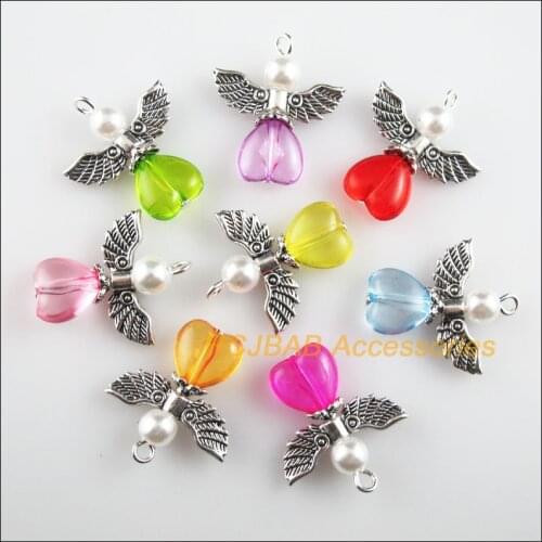 16 New Heart Angel Charms Mixed Acrylic Tibetan Silver Wings Pendants 21x25mm