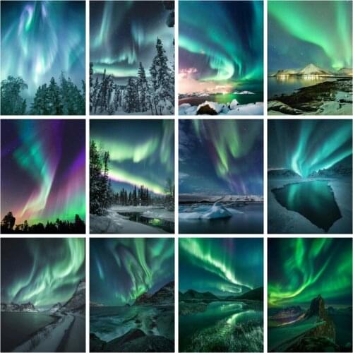 Huacan Diy Diamond Painting Aurora Scenery Home Decor Diamond Mosaic Embroidery Natural Landscape Wall Stickers