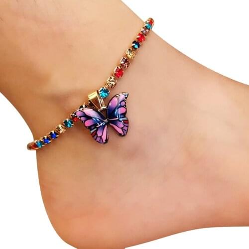 Bohemian Geometric Rhinestone Chain Anklets Gold Silver Color Butterfly Leg Bracelet Anklet For Women Girl Bling Feet Jewelry
