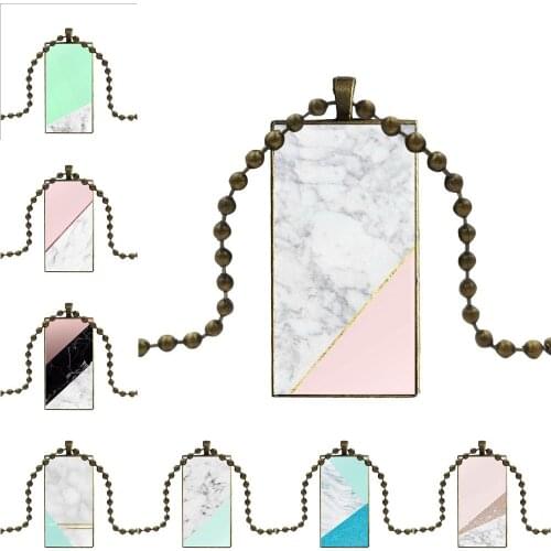 For Christmas Gift Design Fashion Vintage Glass Women Rectangle Necklace Pendants Art Triangle Colorblock Marble Printed
